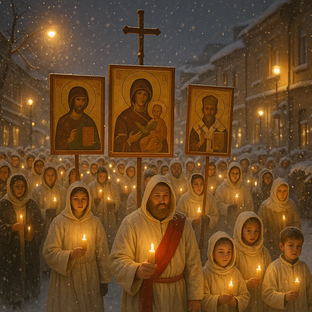 Discover a puzzle with a serene candlelit winter procession through snowy streets, featuring robed figures holding glowing candles and three traditional icons f