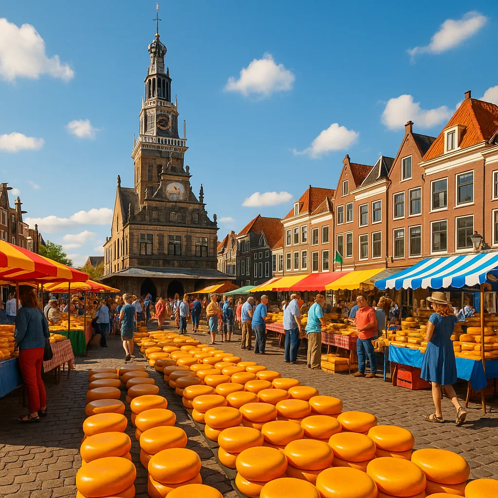Discover a puzzle with a lively cheese market set in a sunlit historic town square, filled with neat rows of golden cheese wheels and colorful striped market aw