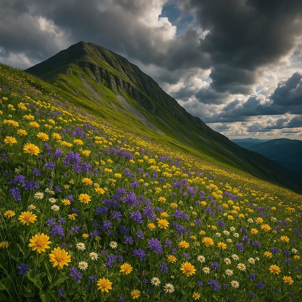 Discover a puzzle with a sweeping alpine meadow carpeted in bright yellow, purple, and white wildflowers cascading down a lush green mountainside beneath dramat