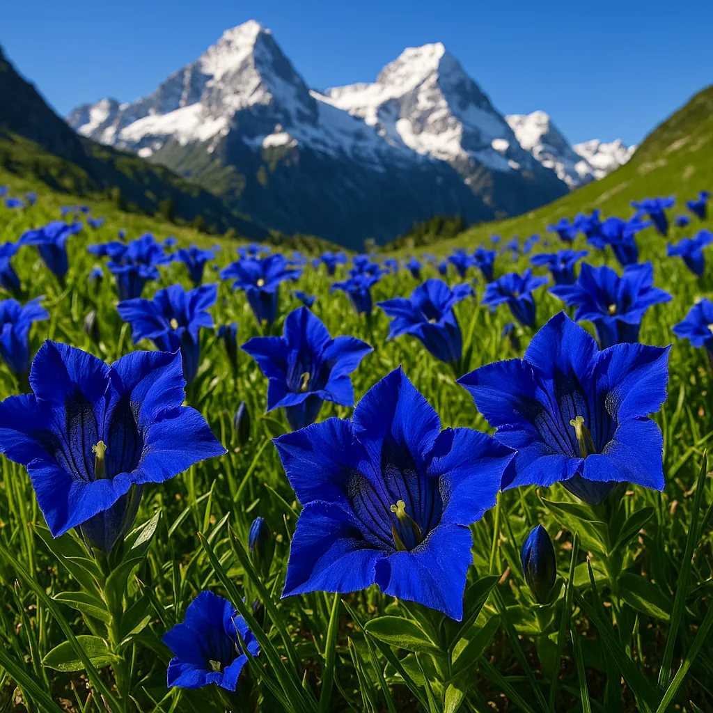 Discover a puzzle with a close-up sweep of vivid blue gentian flowers carpeting a sunlit alpine meadow, set against dramatic snow-capped mountains and a clear b