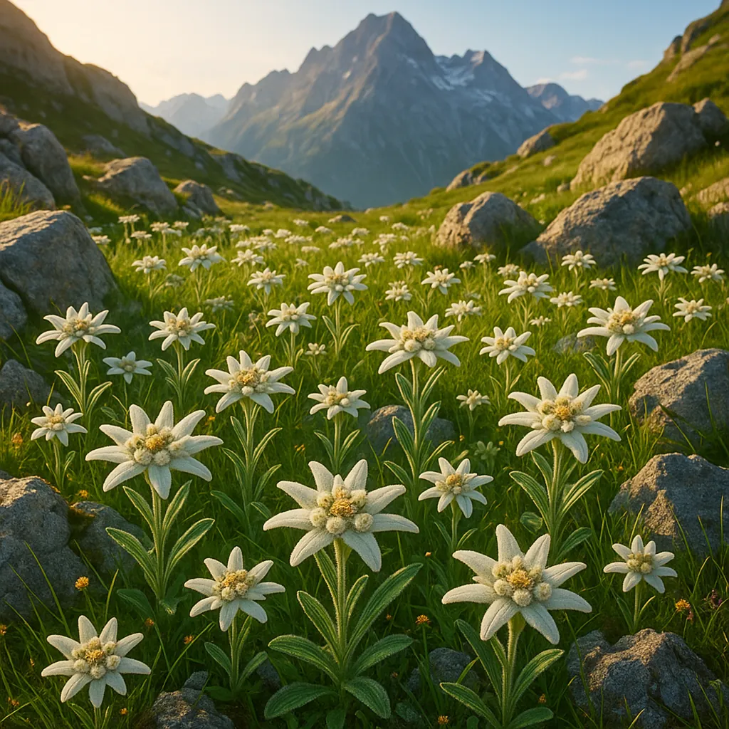 Discover a puzzle with a sunlit alpine meadow carpeted in white edelweiss flowers, gently rolling green grasses, and scattered gray rocks leading the eye toward