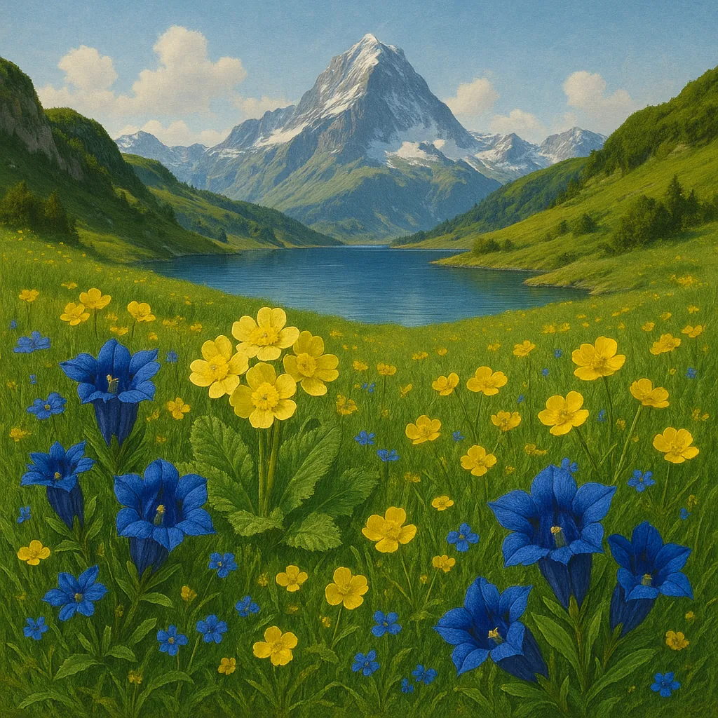 Discover a puzzle with a sunlit alpine meadow full of vivid blue gentians and cheerful yellow buttercups stretching toward a crystal mountain lake beneath a sno