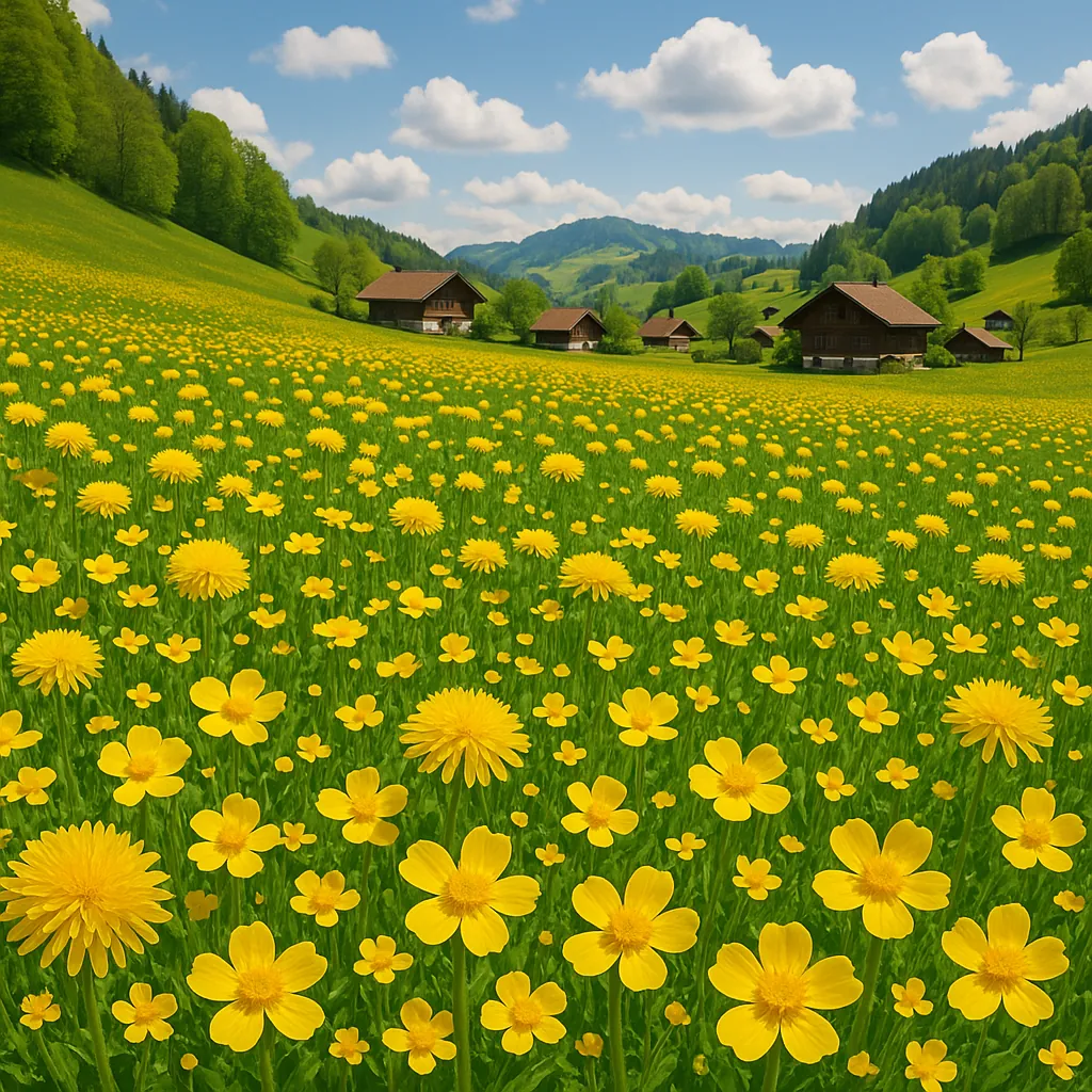 Discover a puzzle with a sunlit meadow full of bright yellow dandelions and buttercups stretching toward rolling green hills, dotted with charming wooden chalet