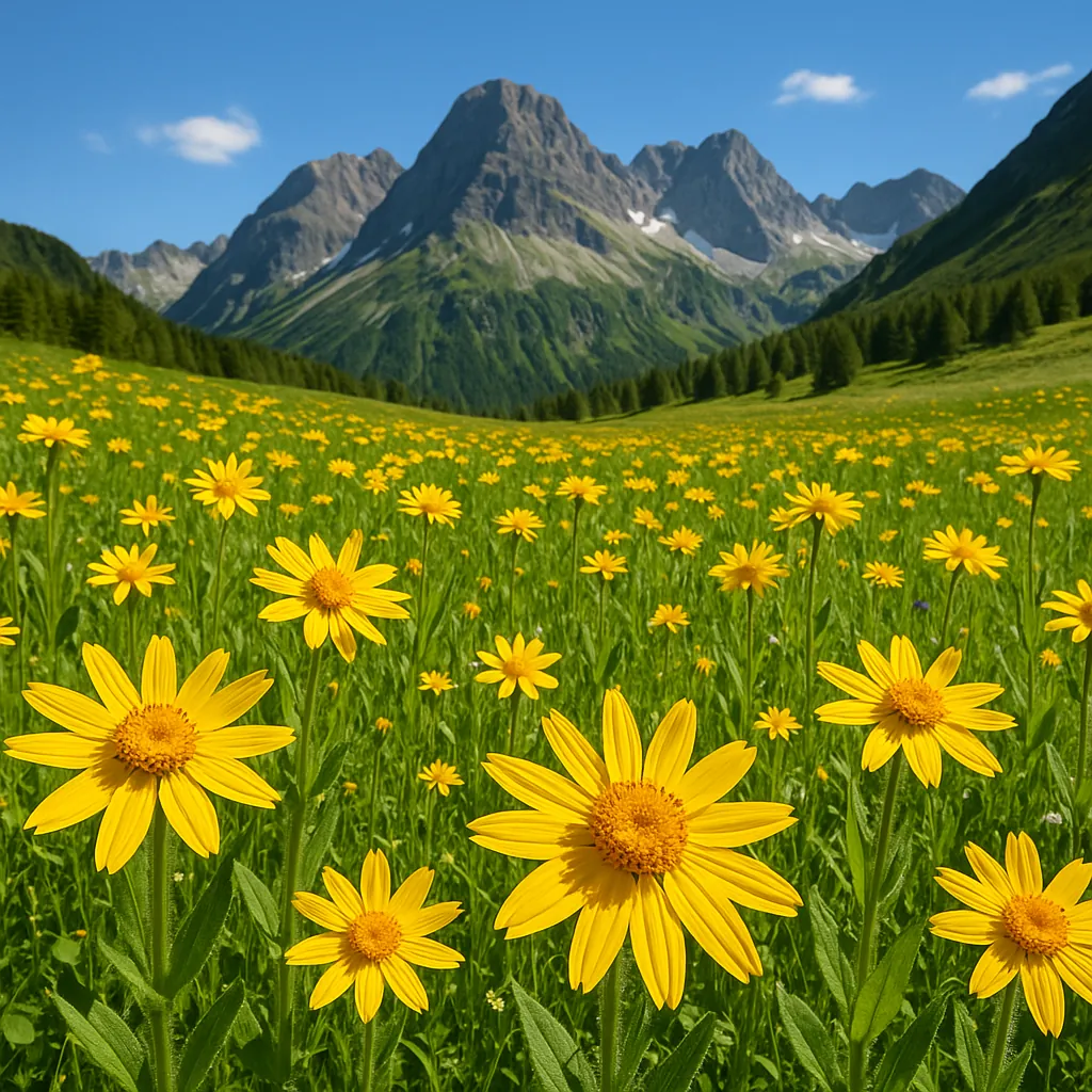 Discover a puzzle with a sunlit alpine meadow carpeted in bright yellow wildflowers stretching toward rugged, snow-dusted mountains under a clear blue sky.