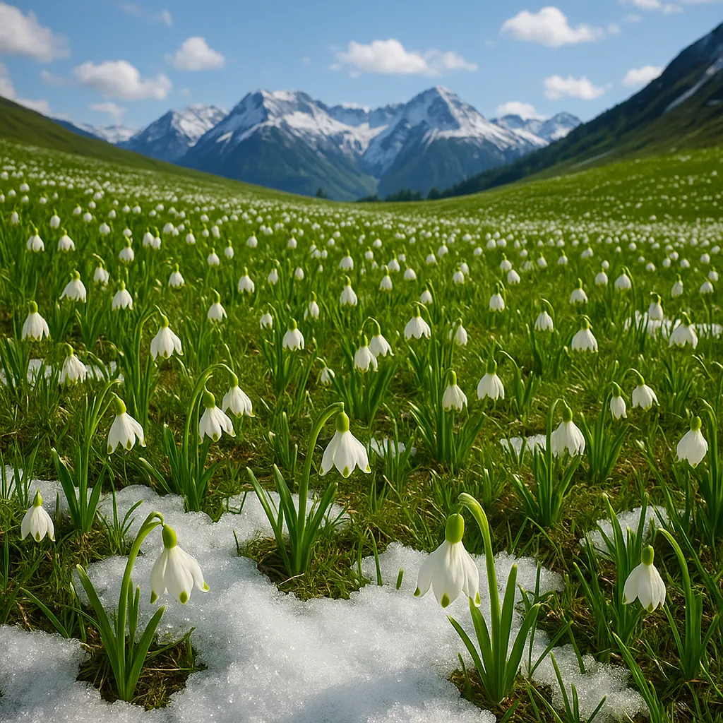 Discover a puzzle with a sunlit alpine meadow carpeted in delicate white snowdrops, bright green grass, and lingering patches of melting snow leading toward sno