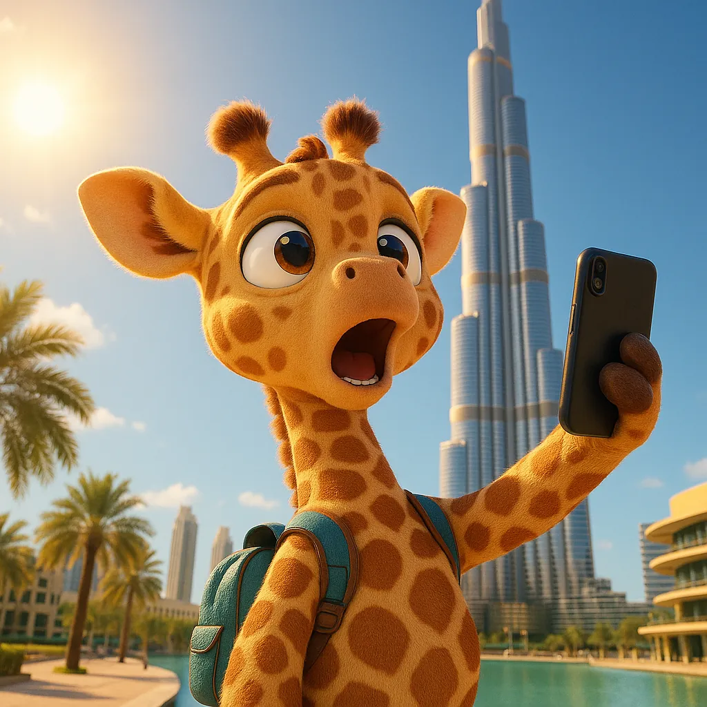 Discover a puzzle with a cheerful, wide-eyed animated giraffe taking a selfie against a sunny modern city skyline.