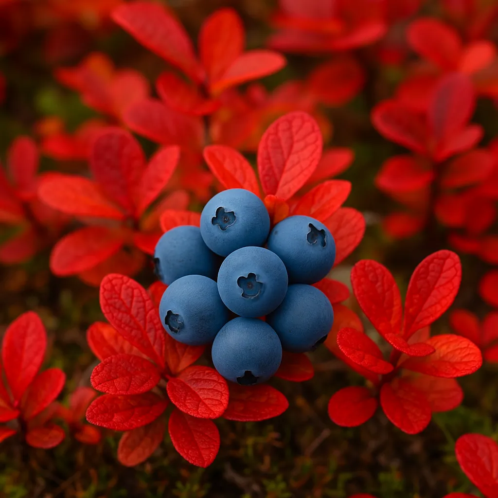 Discover a puzzle with a close-up cluster of velvety blue berries nestled among vivid red leaves.