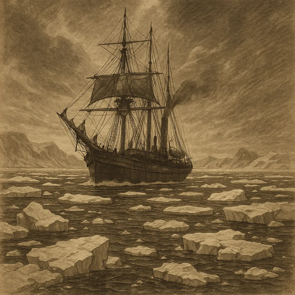 Discover a puzzle with a sepia-toned, vintage sailing ship threading its way through a scattered field of ice floes toward distant, rugged mountains.