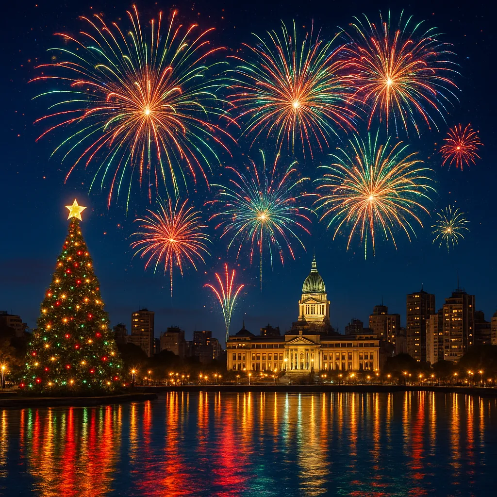 Discover a puzzle with a festive night scene: a glowing Christmas tree beside a shimmering city skyline, crowned by a star and mirrored in calm water.