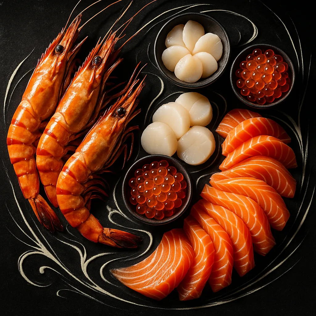 Discover a puzzle with a beautifully arranged seafood platter showing glossy orange prawns, silky salmon sashimi, translucent scallops, and shimmering ikura roe