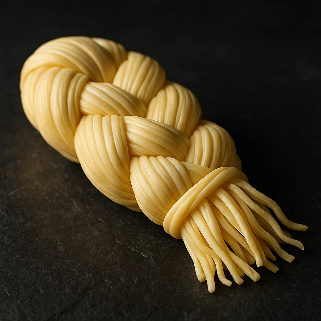Discover a puzzle with a close-up still life of braided cheese: soft, golden-yellow strands woven into a glossy, rope-like braid set against a dark slate backgr