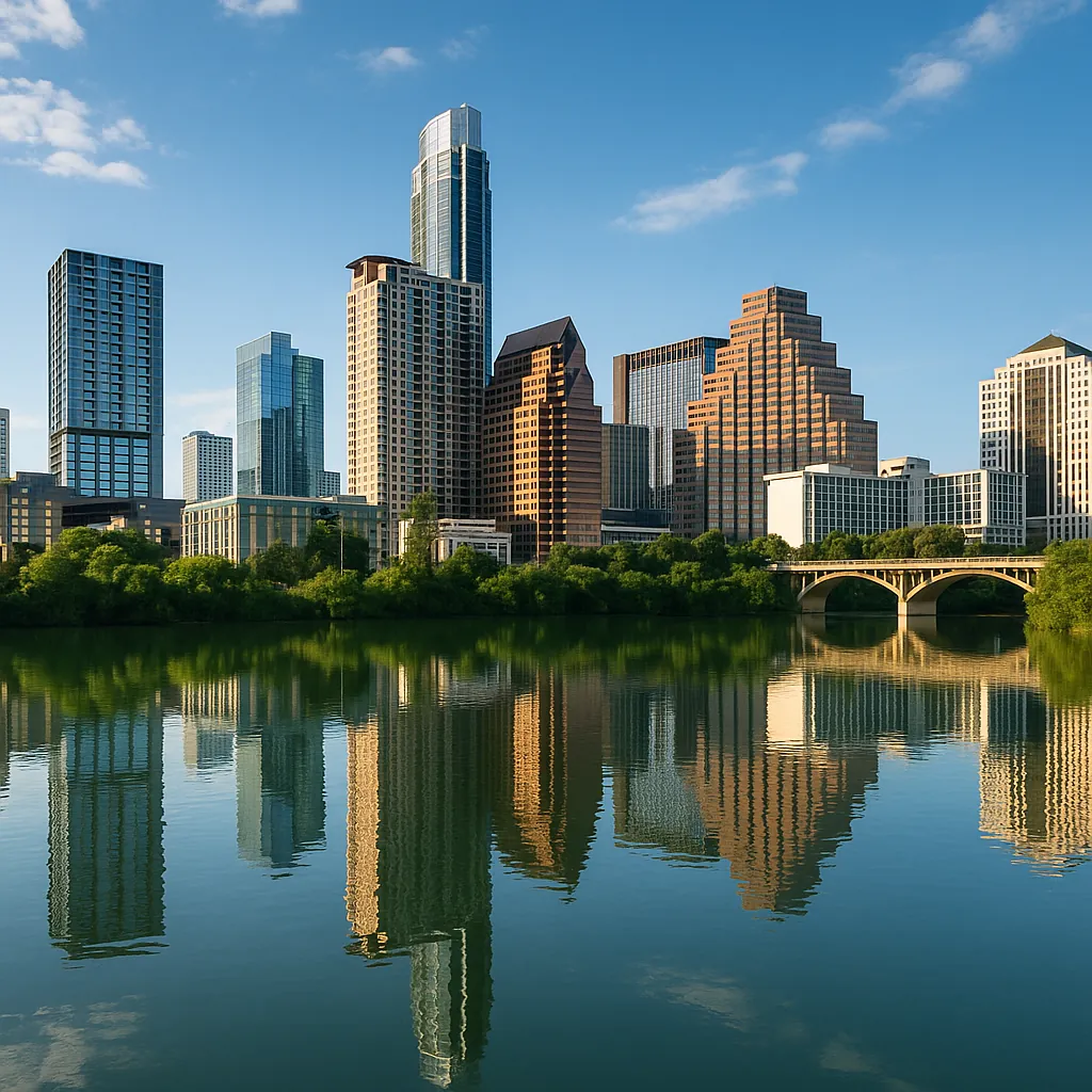 Discover a puzzle with a sunlit city skyline reflected perfectly in a calm river, featuring modern skyscrapers, a graceful arched bridge, and a band of lush gre