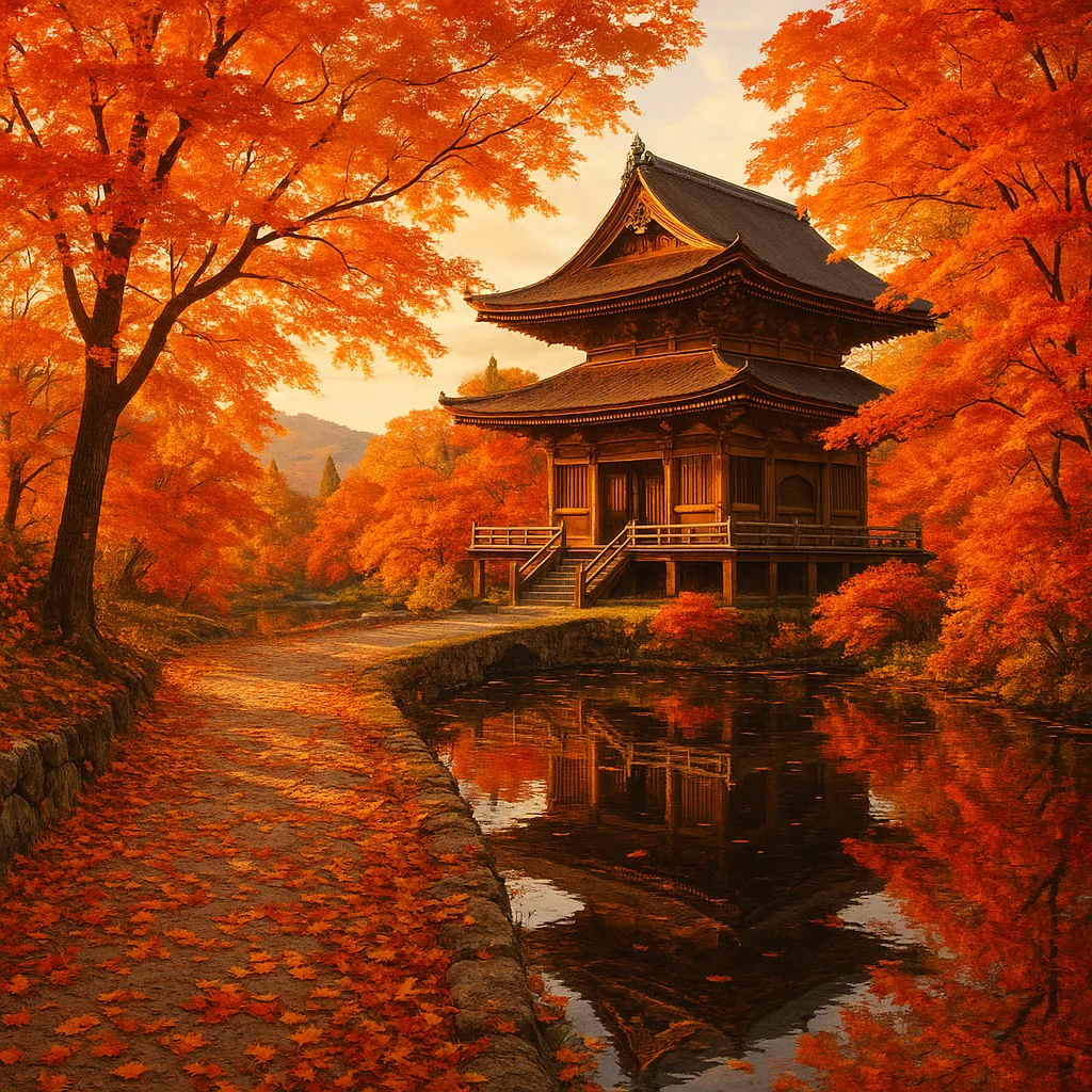Discover a puzzle with a serene autumn scene showing a traditional wooden temple beside a still pond, framed by brilliant orange and red maple trees.