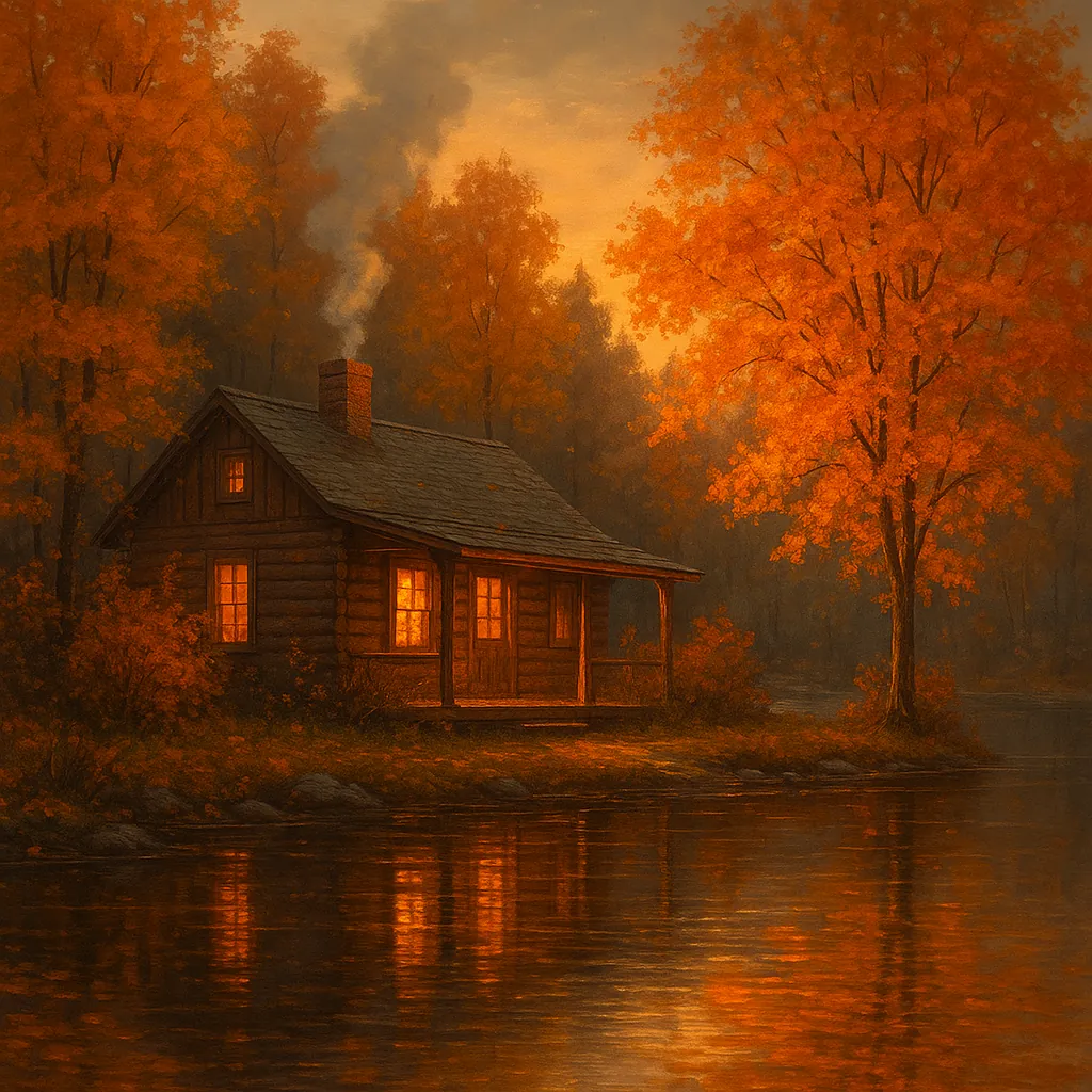 Discover a puzzle with a cozy log cabin tucked beside a quiet lake, its warm windows glowing against a backdrop of vivid orange and amber autumn trees.