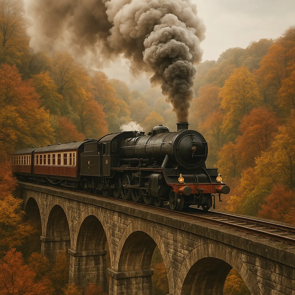 Discover a puzzle with a vintage steam train crossing a graceful stone viaduct amid a golden autumn forest.