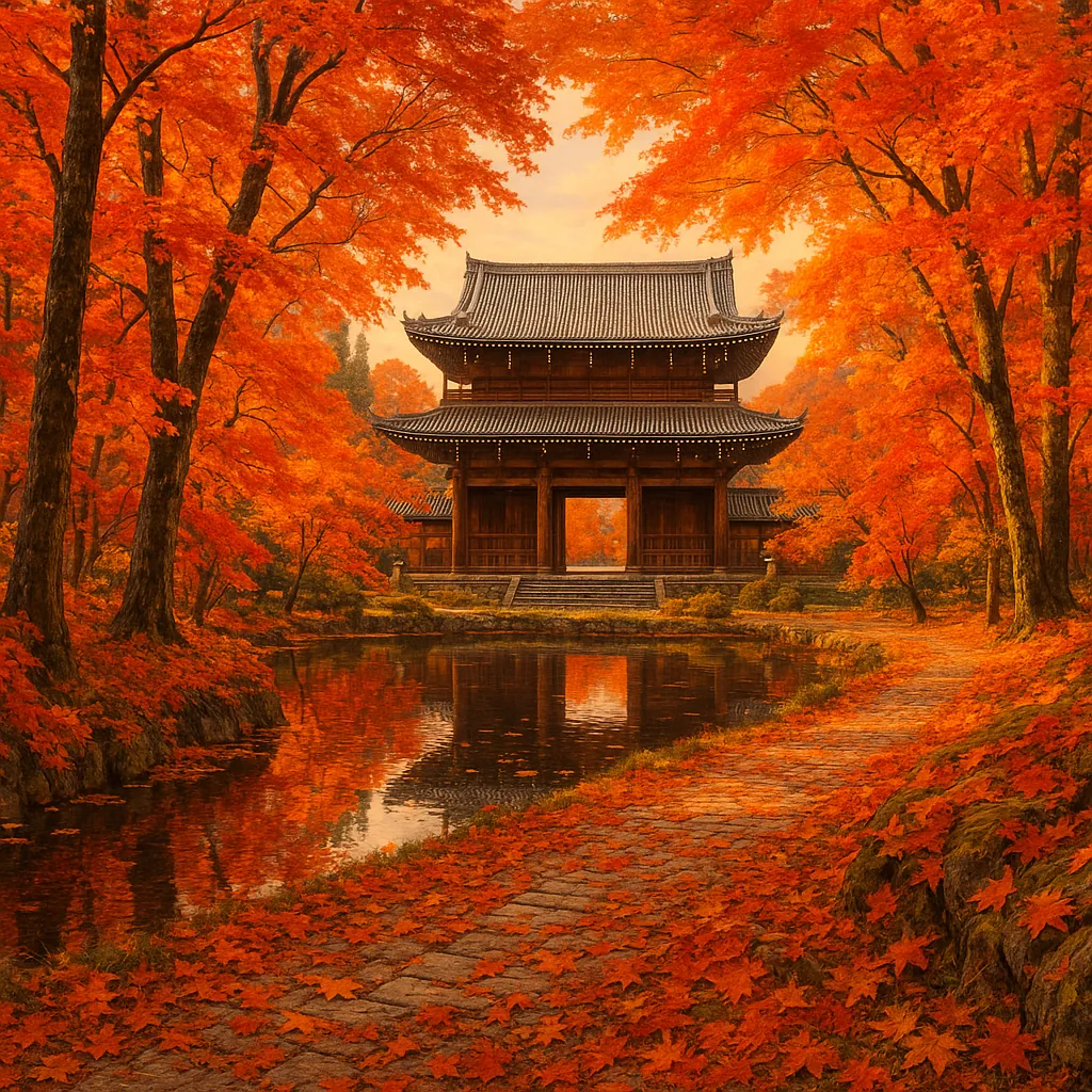 Discover a puzzle with a serene autumn scene of a traditional wooden temple framed by brilliant red and orange maple trees.