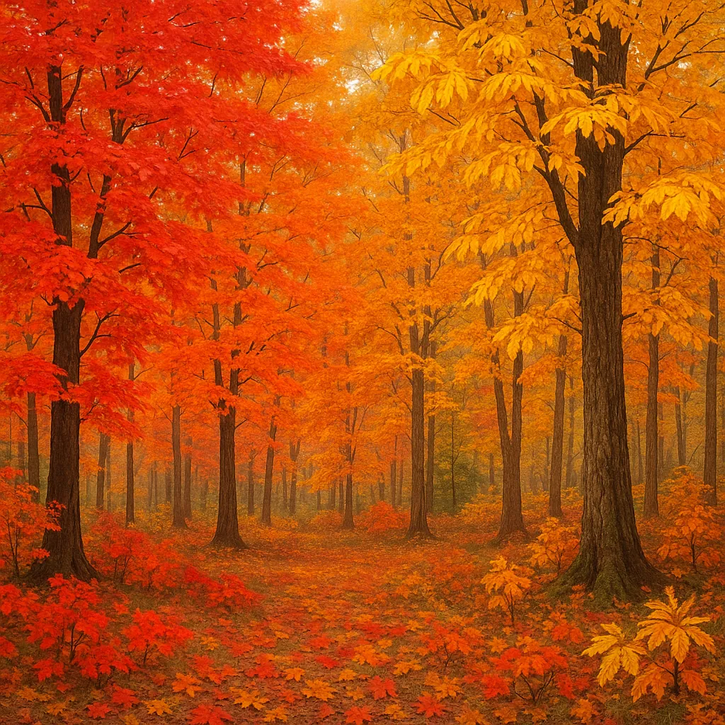 Discover a puzzle with a tranquil autumn forest bathed in vivid reds, burnt oranges, and golden yellows as tall trees stand in soft morning mist.