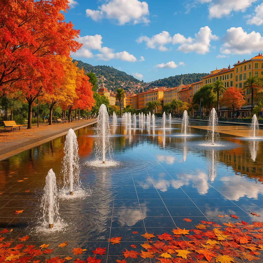 Discover a puzzle with a sunlit city promenade where a row of dancing fountains splashes into a glossy reflecting pool, mirroring a bright blue sky scattered wi