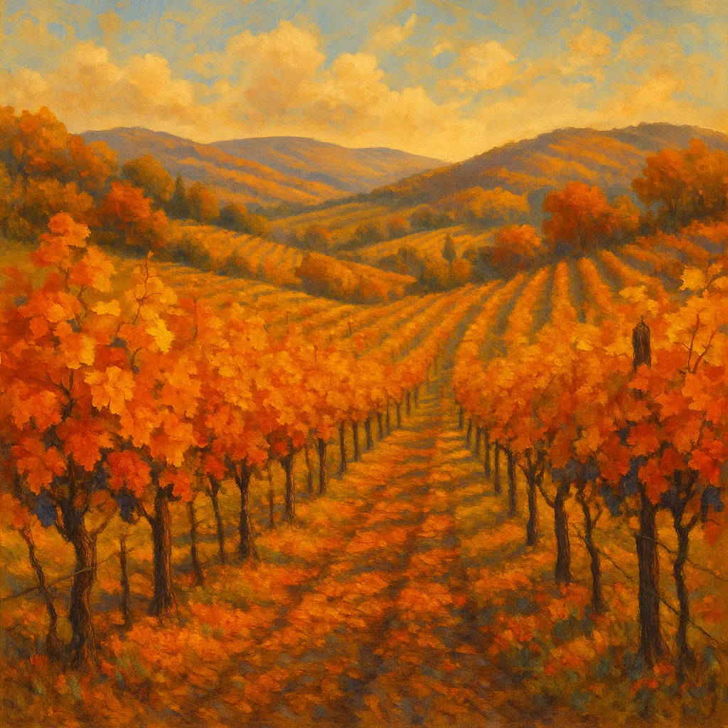 Discover a puzzle with a sunlit autumn vineyard stretching into rolling hills, where rows of grapevines glow in warm golds, oranges, and russet reds against a s
