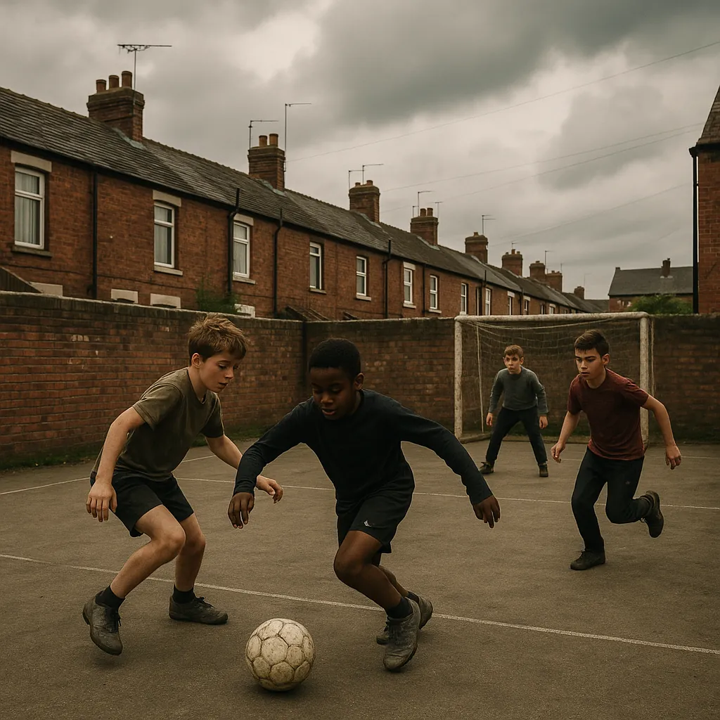 This online jigsaw puzzle features a nostalgic street football scene set in an urban neighborhood, perfect for browser play.