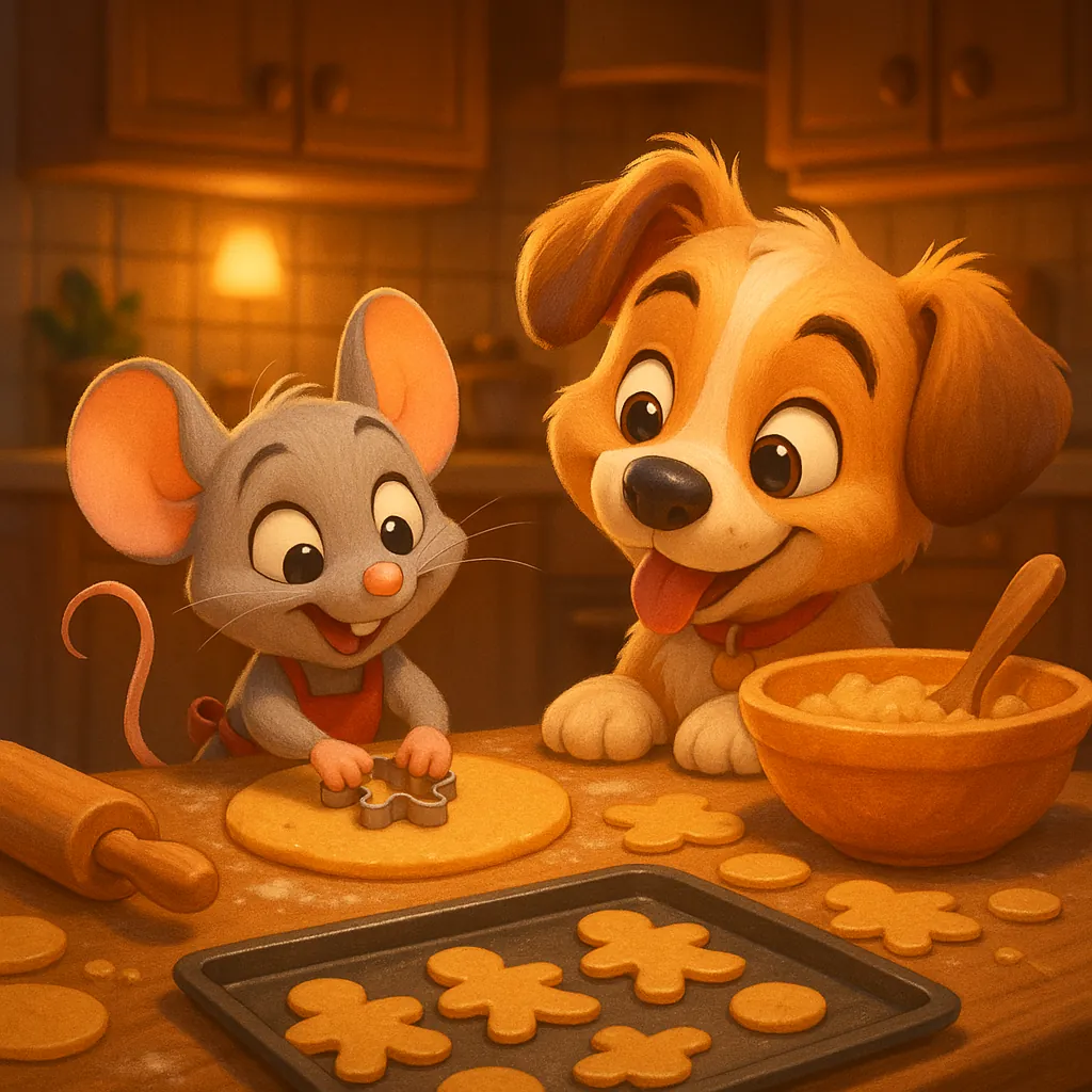 We invite you to assemble a puzzle featuring an adorable mouse and a playful puppy baking cookies together in a cozy, warmly lit kitchen.