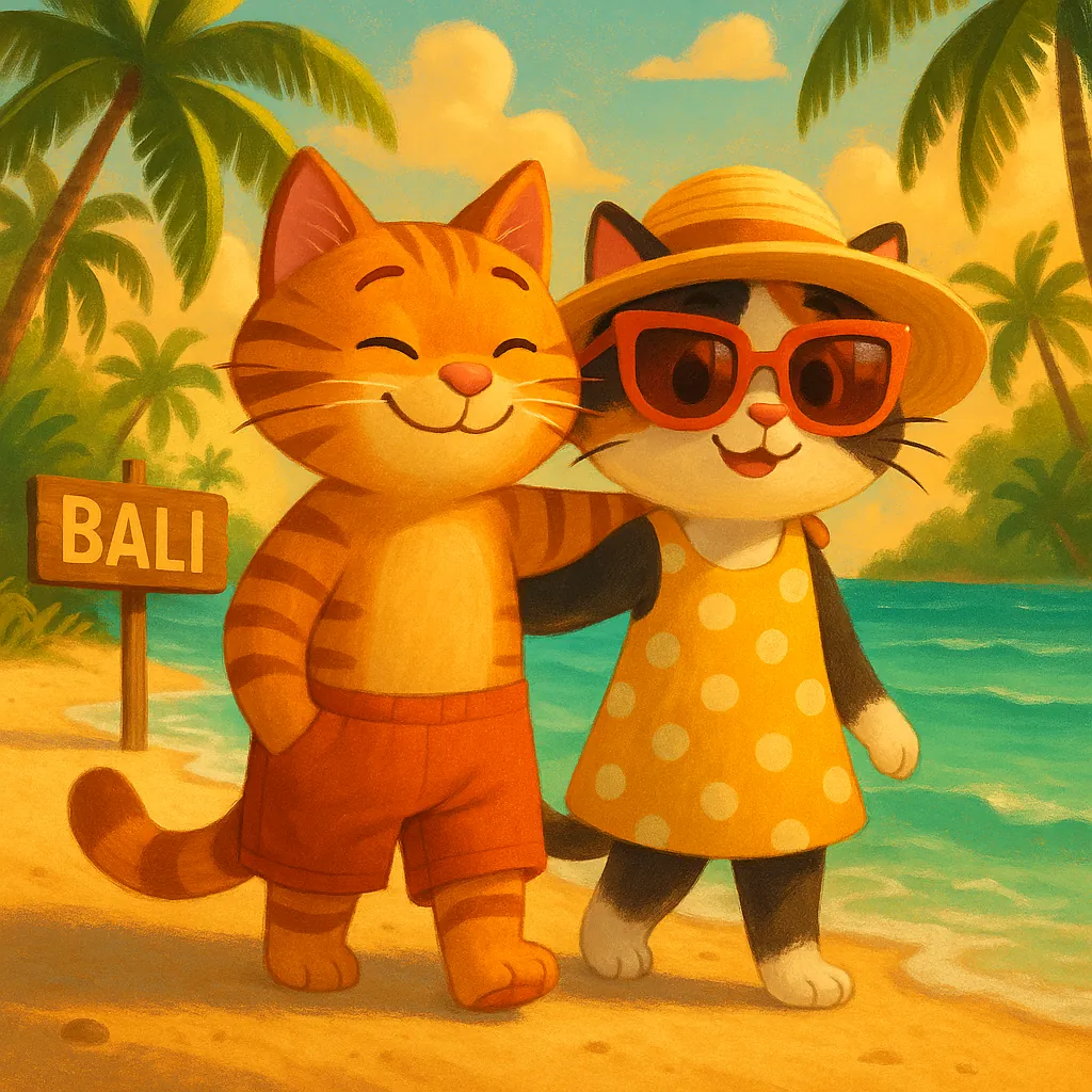 Enjoy assembling a puzzle depicting two adorable cats strolling along a sunny Bali beach, with swaying palm trees, turquoise waves, and a wooden "Bali" sign in