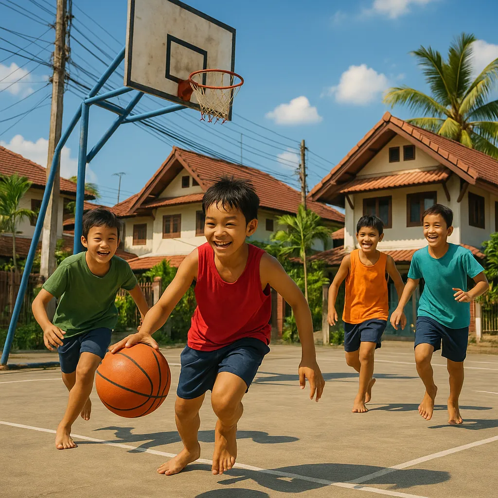 Enjoy an online jigsaw puzzle designed for browser play, featuring a sunny neighborhood scene of kids playing basketball outdoors.