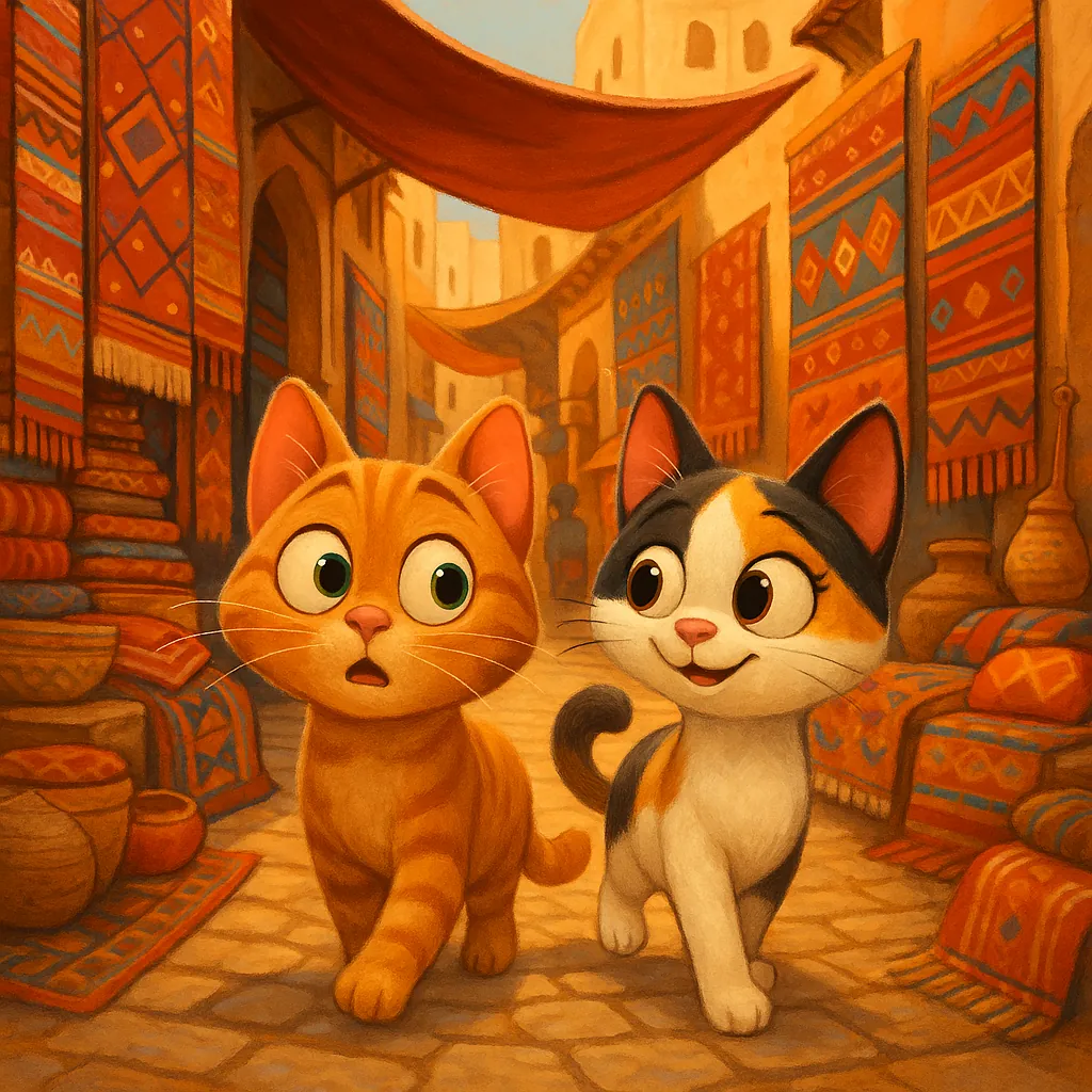 Discover a puzzle with two adorable cats exploring a sunlit bazaar on PuzzleFree.Game.