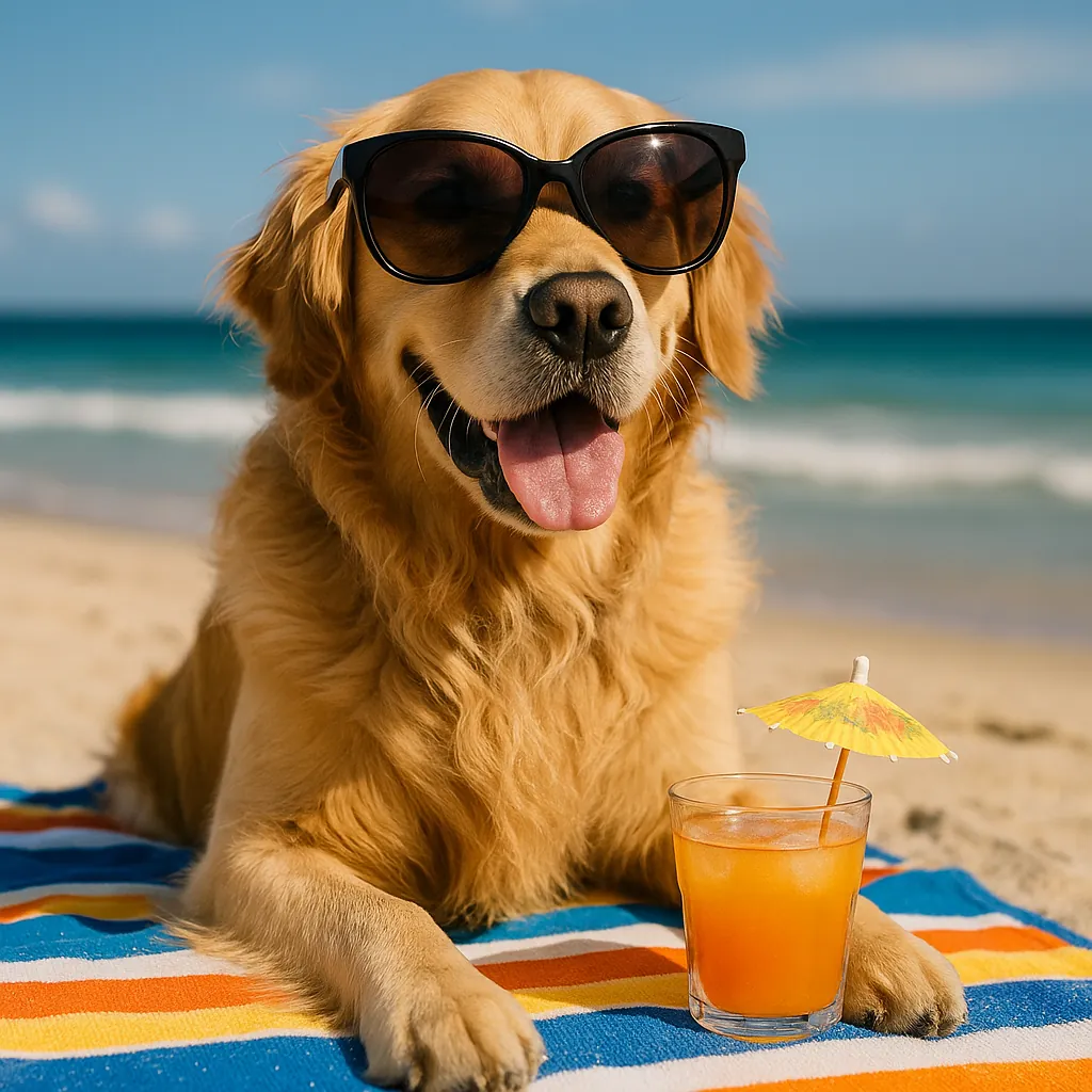 Enjoy assembling a puzzle depicting a sunlit Golden Retriever lounging on a colorful striped beach towel with oversized sunglasses and a refreshing orange drink