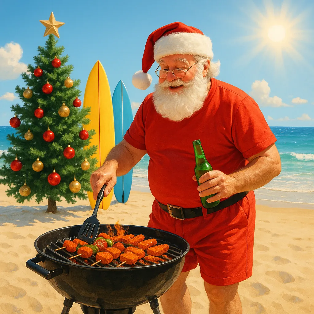 Discover a puzzle with a sunlit beach scene where a cheerful Santa in bright red shorts and hat grills skewers by the shore, holding a green bottle as gentle wa