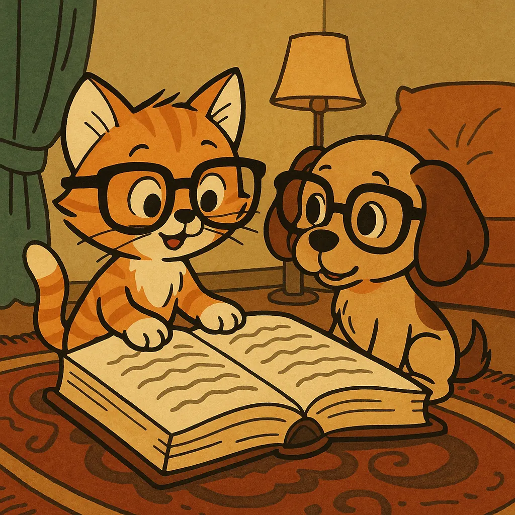 Enjoy assembling a puzzle depicting an adorable orange tabby cat and a little brown dog, both wearing round glasses as they read a big open book together.