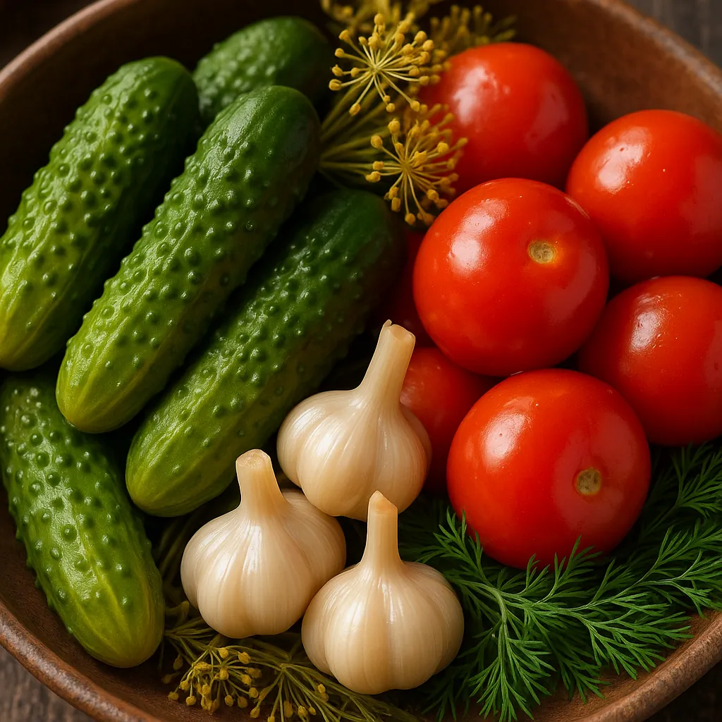 Discover a puzzle with a rustic bowl of fresh produce — glossy red tomatoes, bumpy green cucumbers, pearl-white garlic bulbs and feathery dill set against warm