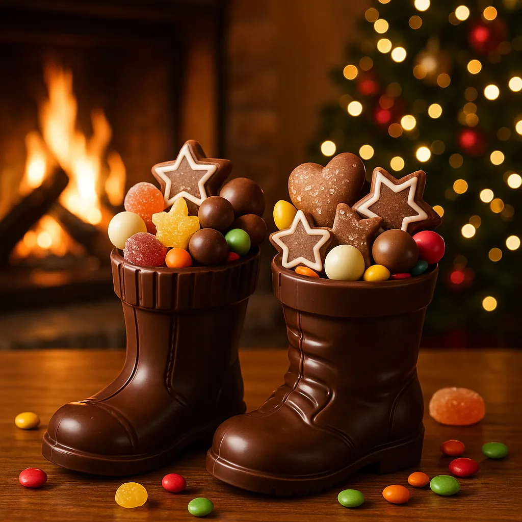 Enjoy assembling a puzzle depicting two chocolate boots overflowing with colorful candies, star and heart-shaped gingerbread cookies, and sugared treats set on
