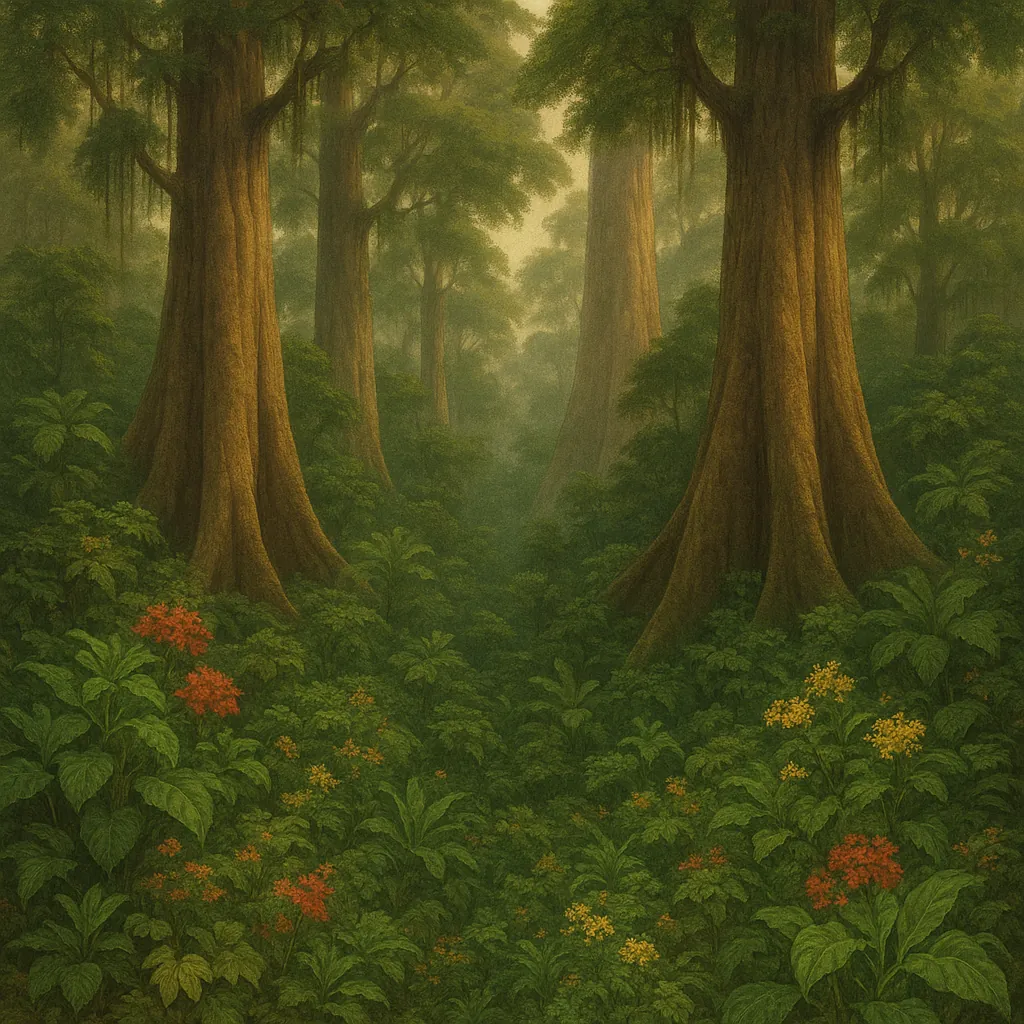 Discover a puzzle with a misty, ancient forest scene where towering cedar-like trunks rise from a carpet of deep green ferns and leafy undergrowth.