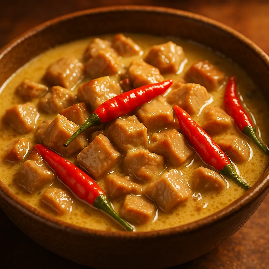 Discover a puzzle with a close-up of a warm, creamy curry served in a rustic bowl—golden-yellow sauce dotted with bite-sized cubes and bright red chilies.