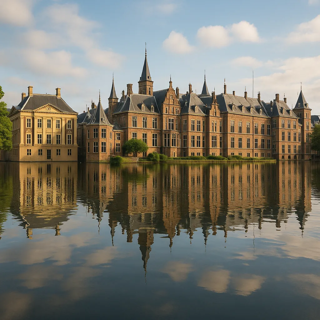 Discover a puzzle with a sunlit historic castle rising above a glassy lake, its warm brick and stone facades mirrored perfectly in the calm water beneath a soft