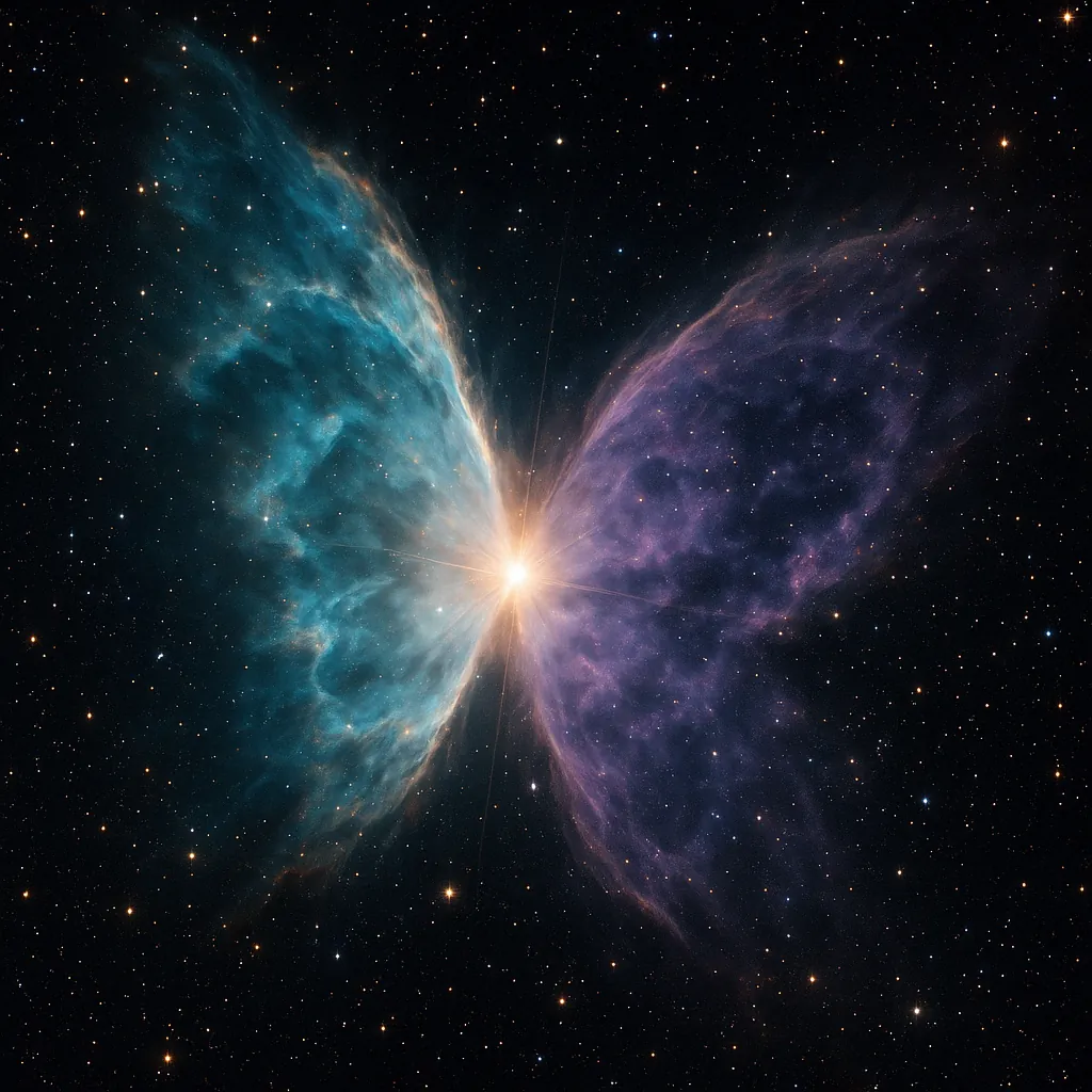 Discover a puzzle with a stunning celestial scene: a bright central star flares between two expansive, wing-like nebulae—one in cool teal and the other in soft
