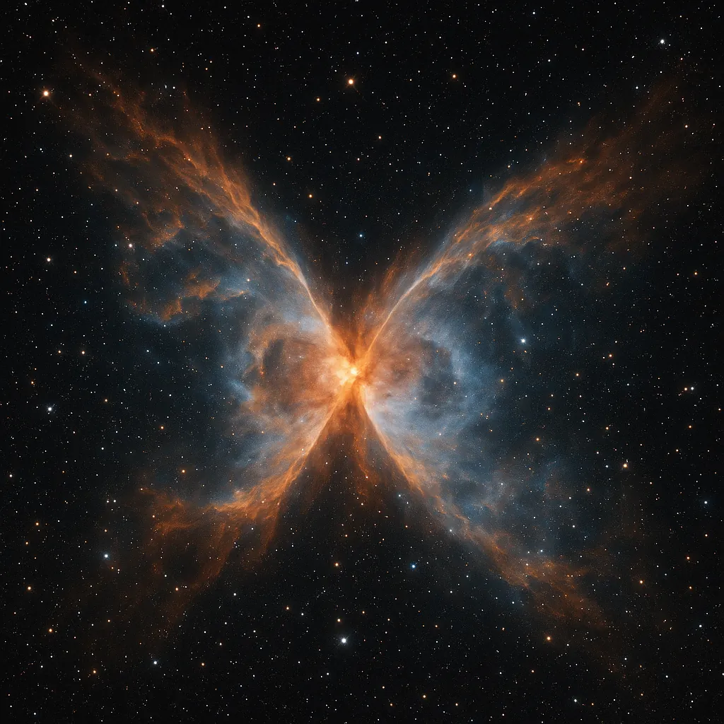 Discover a puzzle with a mesmerizing cosmic scene: a radiant nebula shaped like a glowing butterfly, with fiery orange filaments and soft blue-gray clouds again