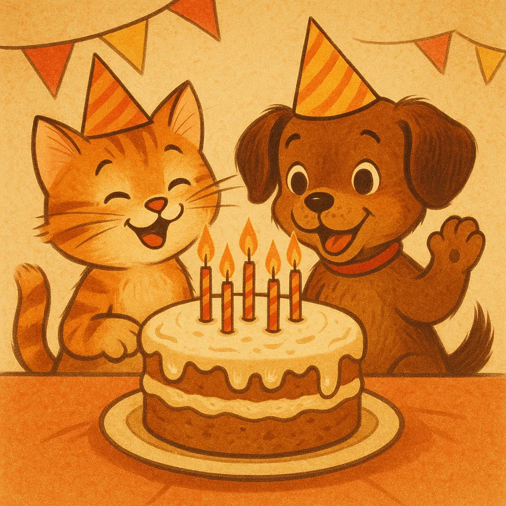 Enjoy assembling a puzzle depicting a sweet birthday scene with a smiling orange tabby cat and a happy brown puppy wearing striped party hats beside a frosted c