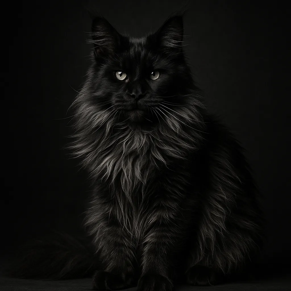 Discover a puzzle with a striking black long‑haired cat portrait, its silky fur highlighted with silver tones and luminous green eyes set against a deep, moody
