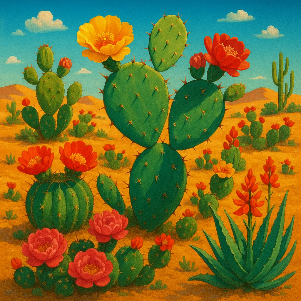 Discover a puzzle with a sunlit desert scene full of blooming cacti and wildflowers.