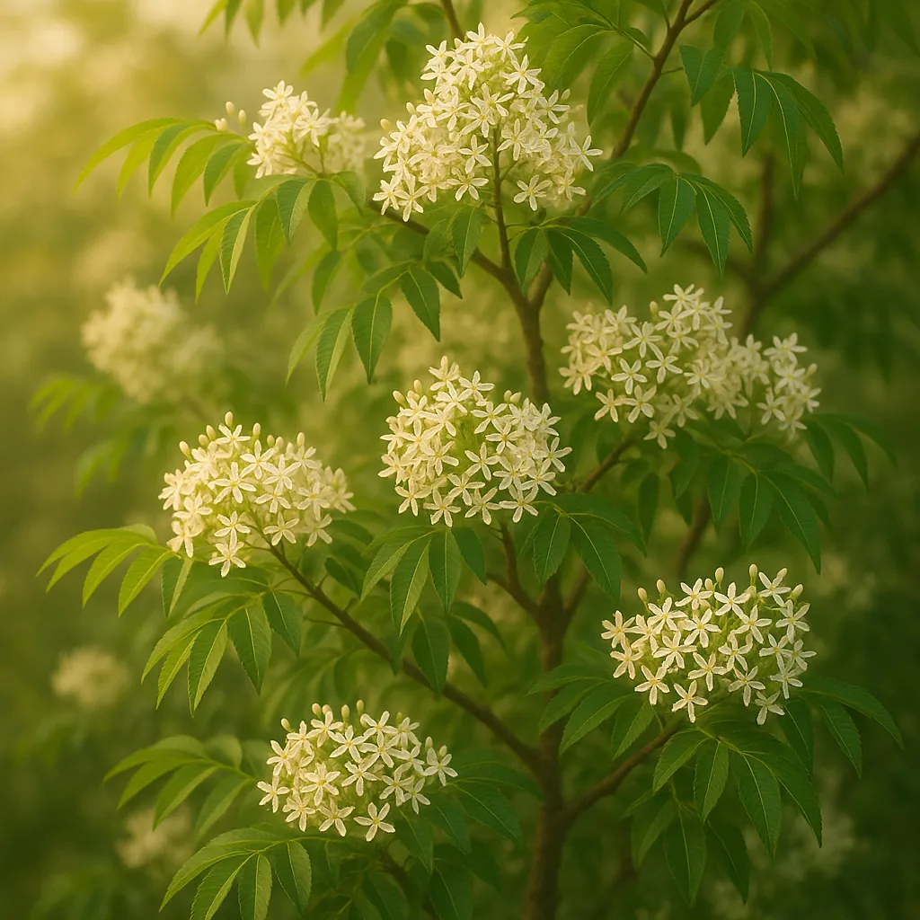 Discover a puzzle with delicate clusters of white blooms nestled among fresh green leaves, bathed in warm, golden sunlight.