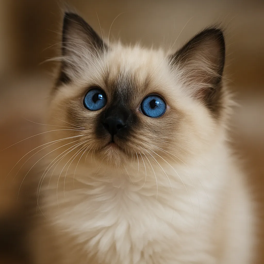 Discover a puzzle with an adorable fluffy kitten featuring striking sapphire-blue eyes and a soft cream-and-brown coat.