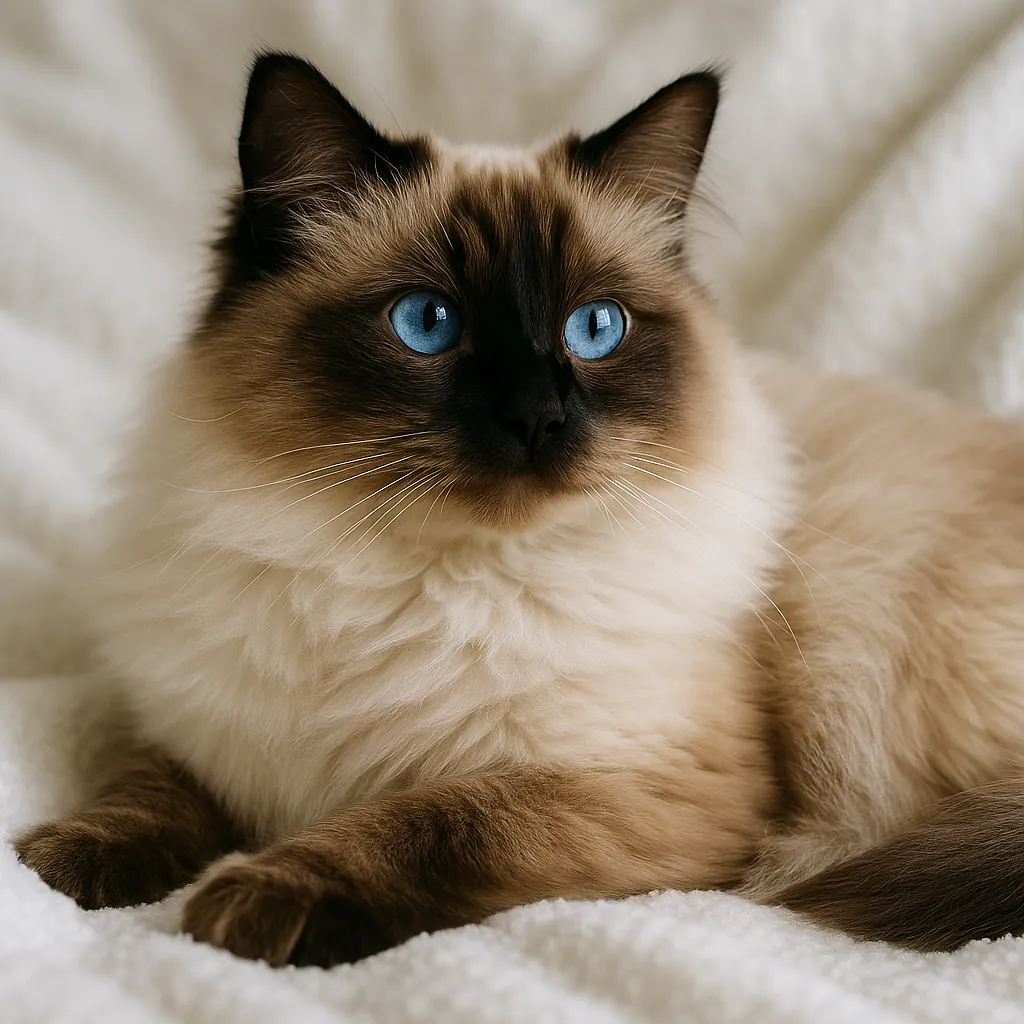 Discover a puzzle with a serene, fluffy cat resting on a soft white blanket, its creamy fur and warm brown points framing striking, luminous blue eyes.