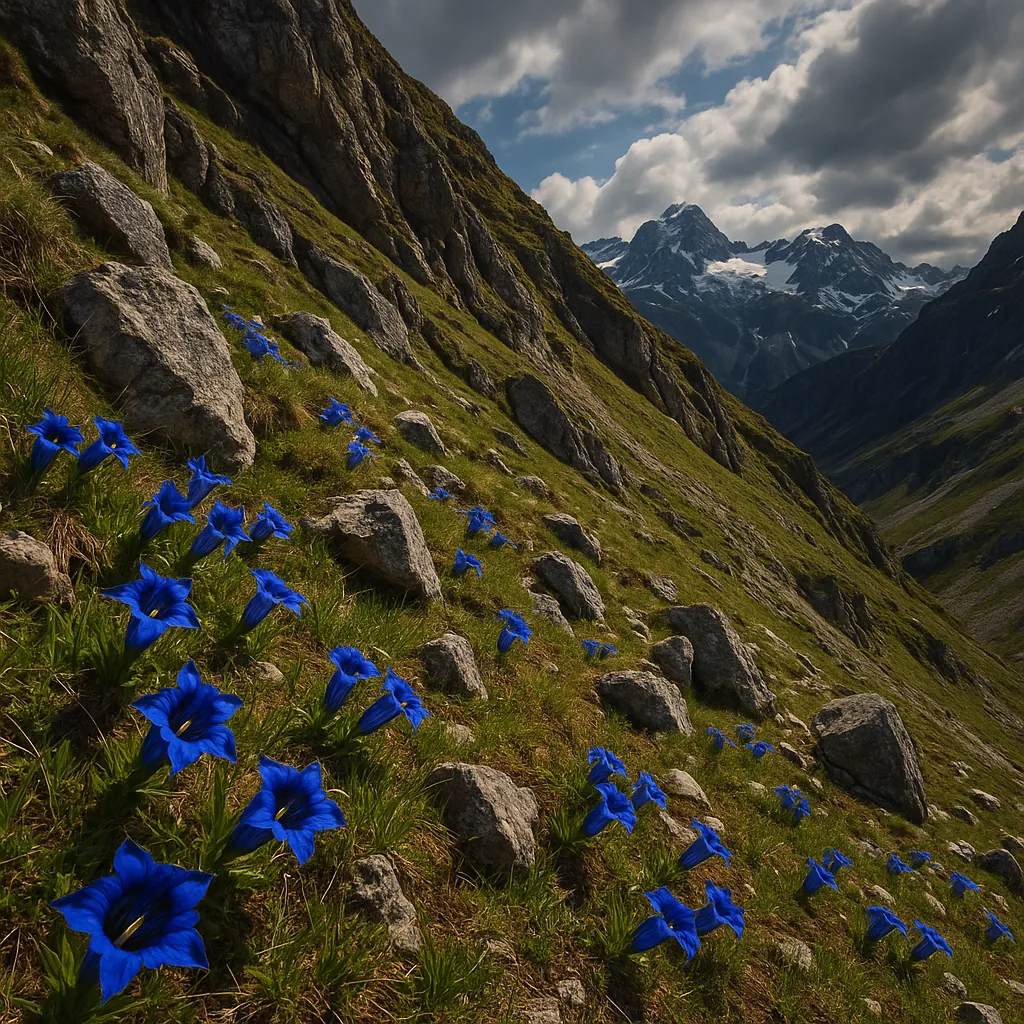 Discover a puzzle with a dramatic alpine scene of vivid blue gentian flowers dotting a steep, rocky mountainside.