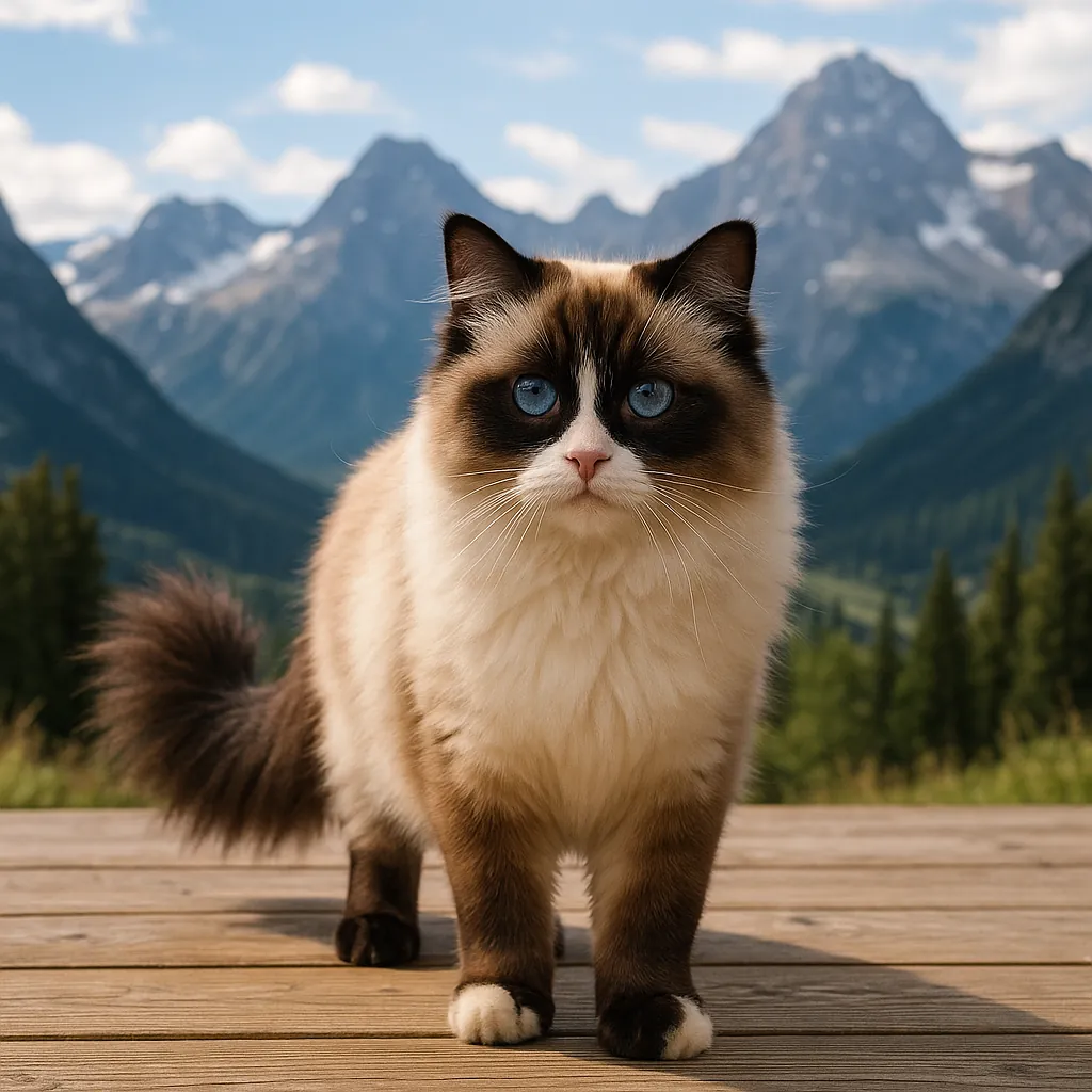 Discover a puzzle with a fluffy, blue‑eyed cat standing on a sunlit wooden deck against a backdrop of misty mountains and green pine valleys.