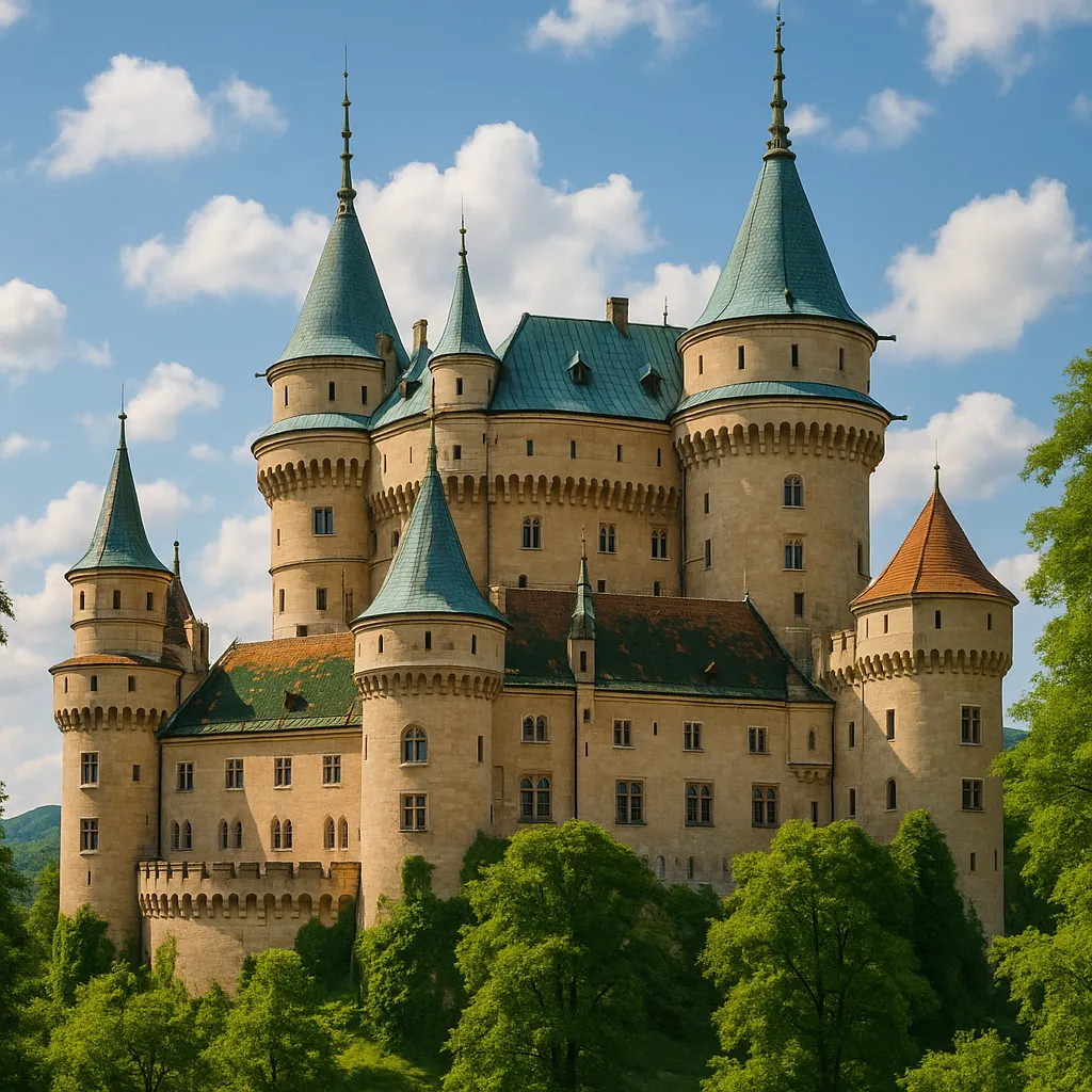 Discover a puzzle with a fairytale stone castle crowned by teal conical roofs and graceful turrets standing against a bright blue sky dotted with fluffy clouds.