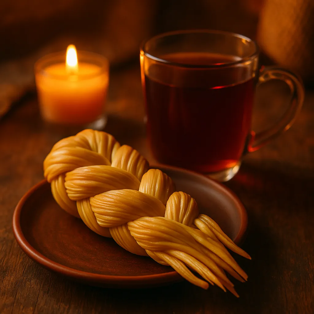 Discover a puzzle with a cozy still life depicting a braided golden cheese on a small earthenware plate, a glass mug of dark tea, and a softly glowing candle in