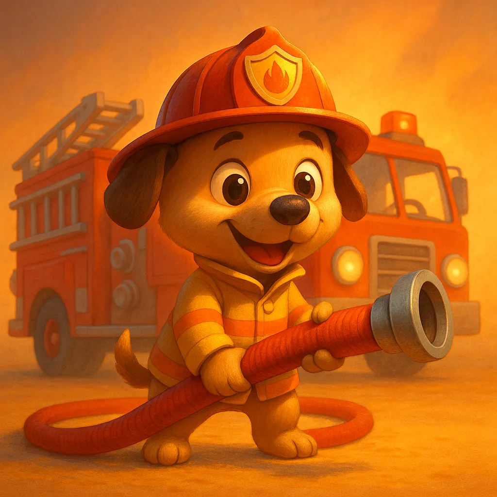 Discover a puzzle with an adorable puppy firefighter holding a bright red hose in front of a friendly fire truck.