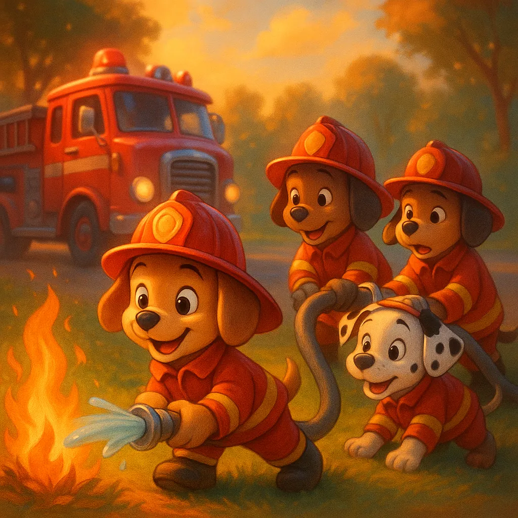 Enjoy an online jigsaw puzzle designed for browser play, featuring a charming scene of animal firefighters — playful puppies in bright red uniforms.